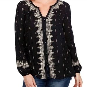 Lucky Brand Women’s Black Boho Embroidered Puff Sleeve Peasant Top S